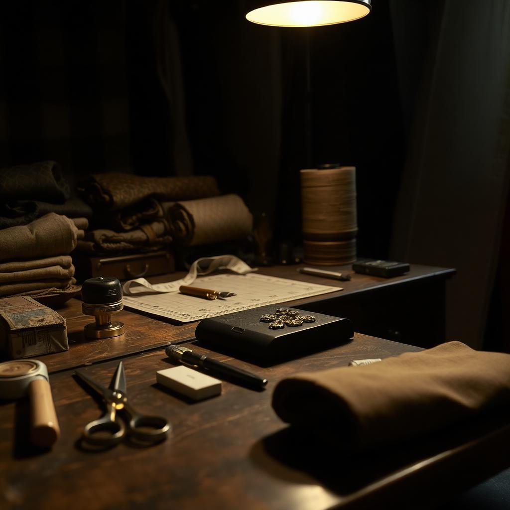 Tailor's workbench with scissors and fabric